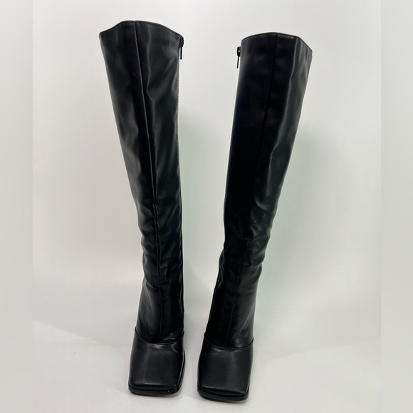 Black Knee High Faux Leather Boots Square Toe Chunky Triangular Heel 7.5 - Picture 4 of 13